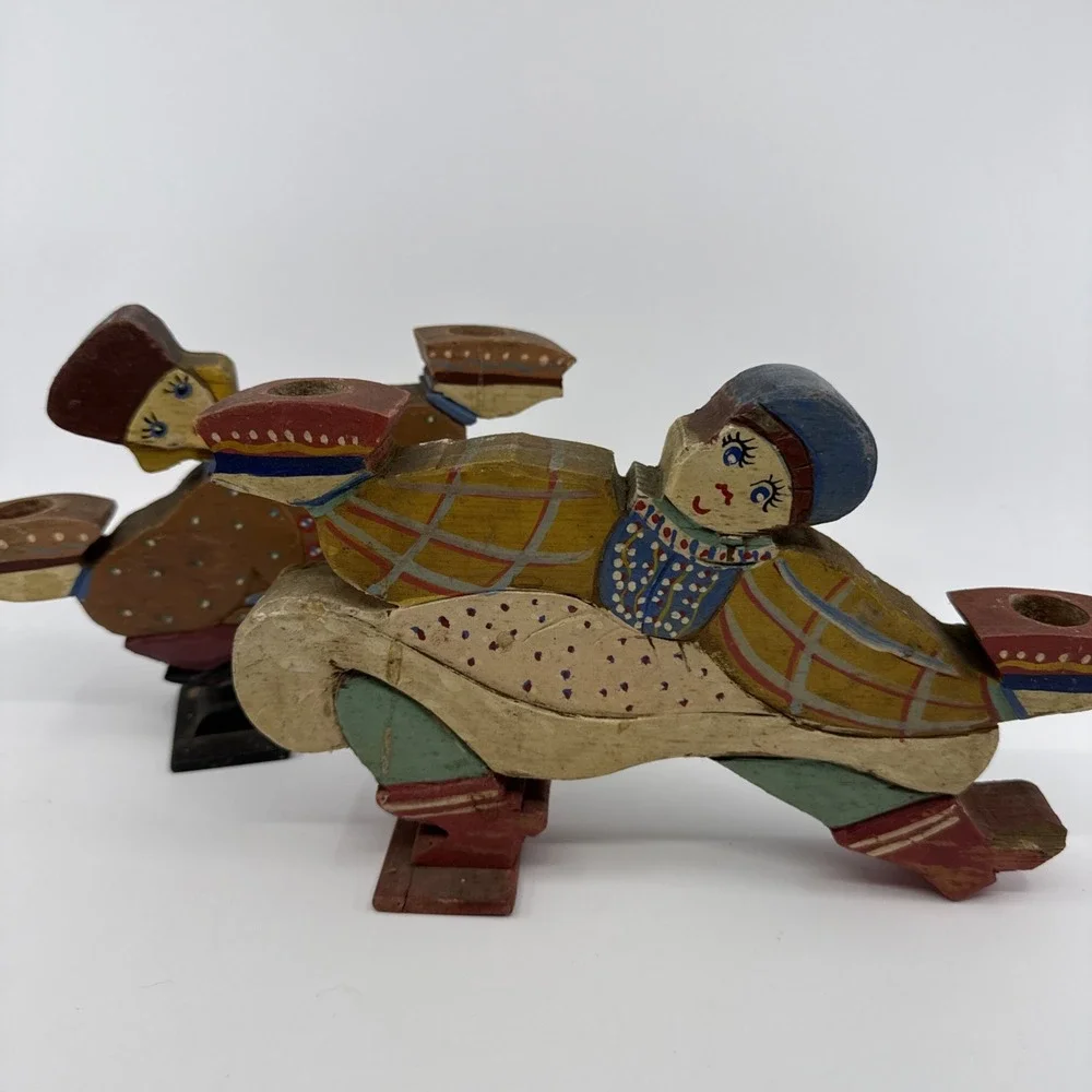 Vintage Pair of Folk Art Wooden Jumping People‎ Candle Stick Holders 6